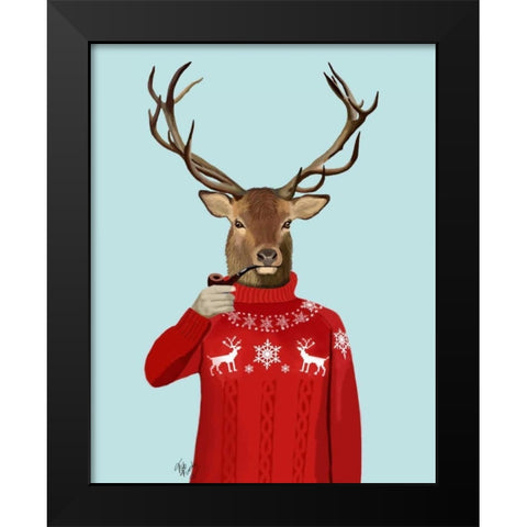 Deer in Ski Sweater Black Modern Wood Framed Art Print by Fab Funky