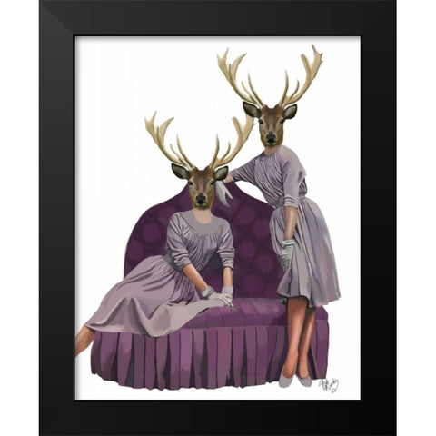 Deer Twins in Purple Dresses Black Modern Wood Framed Art Print by Fab Funky