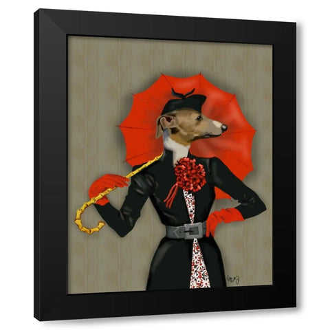 Elegant Greyhound and Red Umbrella Black Modern Wood Framed Art Print with Double Matting by Fab Funky