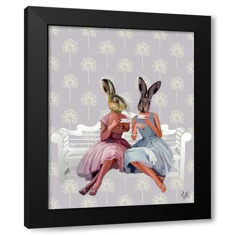 Rabbit Chat Black Modern Wood Framed Art Print by Fab Funky