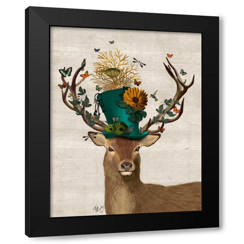 Mad Hatter Deer Black Modern Wood Framed Art Print by Fab Funky