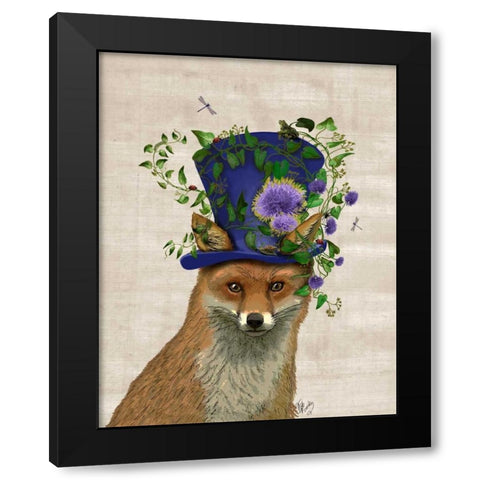 Fox Mad Hatter Black Modern Wood Framed Art Print by Fab Funky