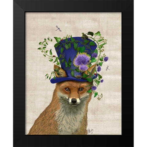 Fox Mad Hatter Black Modern Wood Framed Art Print by Fab Funky
