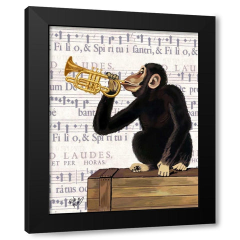 Monkey Playing Trumpet Black Modern Wood Framed Art Print with Double Matting by Fab Funky