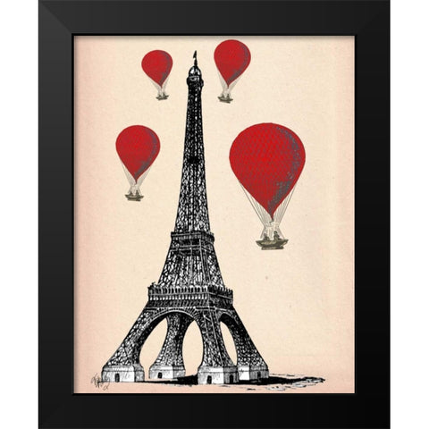 Eiffel Tower and Red Hot Air Balloons Black Modern Wood Framed Art Print by Fab Funky