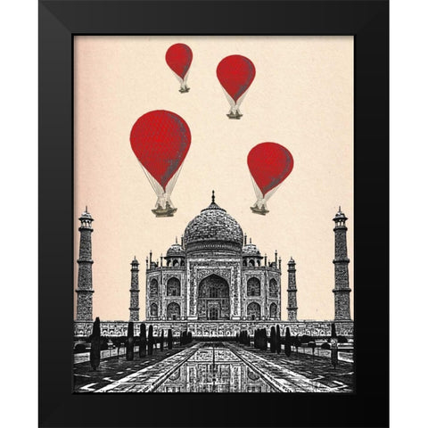Taj Mahal and Red Hot Air Balloons Black Modern Wood Framed Art Print by Fab Funky
