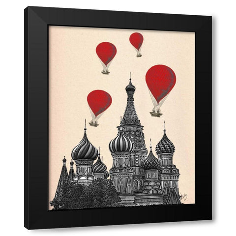 St Basils Cathedral and Red Hot Air Balloons Black Modern Wood Framed Art Print with Double Matting by Fab Funky