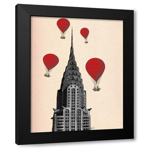 Chrysler Building and Red Hot Air Balloons Black Modern Wood Framed Art Print with Double Matting by Fab Funky