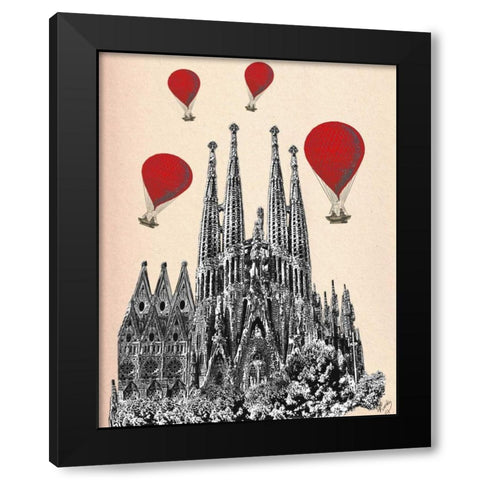 Sagrada Familia and Red Hot Air Balloons Black Modern Wood Framed Art Print by Fab Funky