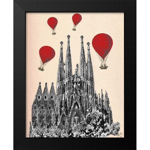 Sagrada Familia and Red Hot Air Balloons Black Modern Wood Framed Art Print by Fab Funky