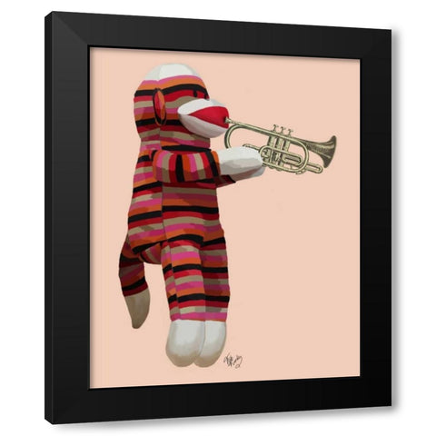 Sock Monkey Playing Trumpet Black Modern Wood Framed Art Print by Fab Funky