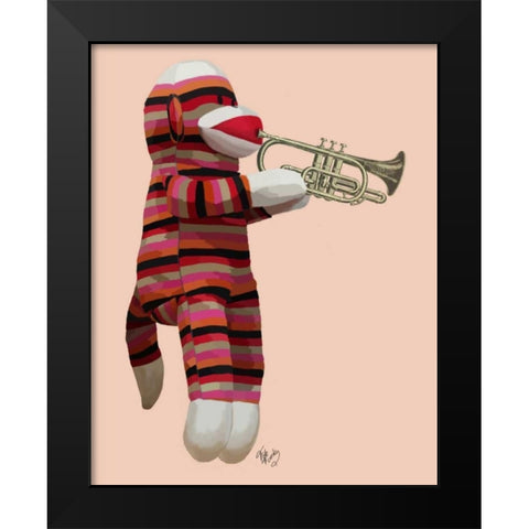 Sock Monkey Playing Trumpet Black Modern Wood Framed Art Print by Fab Funky