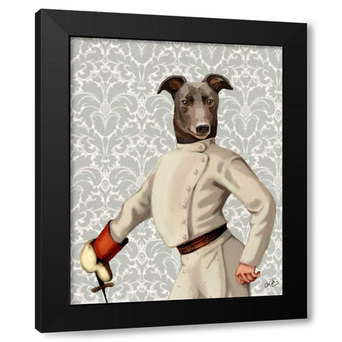 Greyhound Fencer in Cream Portrait Black Modern Wood Framed Art Print by Fab Funky