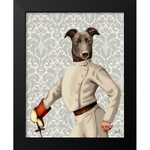 Greyhound Fencer in Cream Portrait Black Modern Wood Framed Art Print by Fab Funky