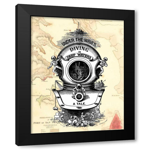 Diving Helmet on Map Black Modern Wood Framed Art Print with Double Matting by Fab Funky