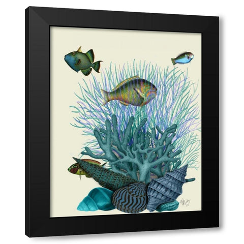 Fish Blue Shells and Corals Black Modern Wood Framed Art Print by Fab Funky