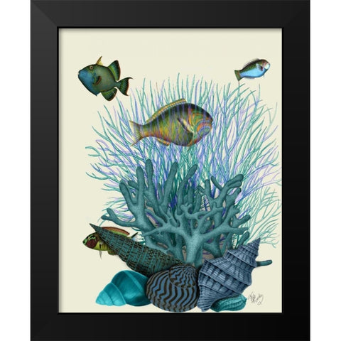 Fish Blue Shells and Corals Black Modern Wood Framed Art Print by Fab Funky