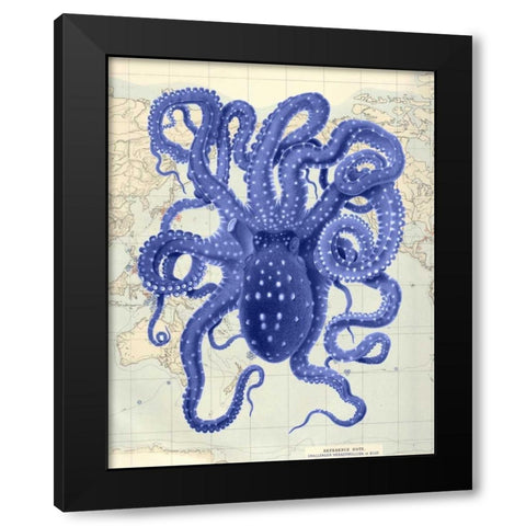 Blue Octopus 2 on Nautical Map Black Modern Wood Framed Art Print by Fab Funky