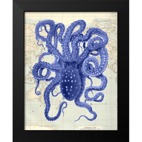 Blue Octopus 2 on Nautical Map Black Modern Wood Framed Art Print by Fab Funky