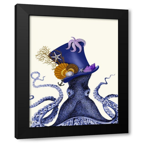 Octopus Nautical Hat Black Modern Wood Framed Art Print with Double Matting by Fab Funky