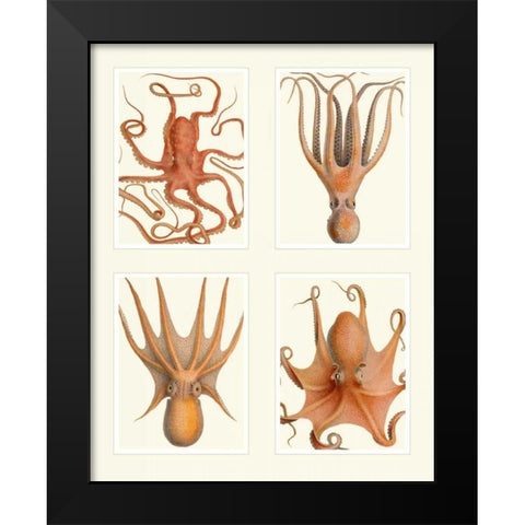 Octopus on 4 Panels Black Modern Wood Framed Art Print by Fab Funky