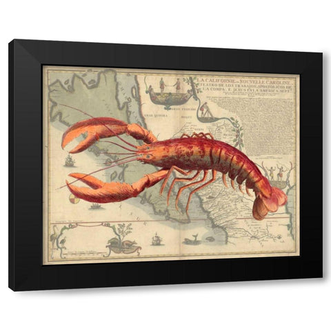 Lobster print on Nautical Map Black Modern Wood Framed Art Print by Fab Funky