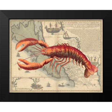 Lobster print on Nautical Map Black Modern Wood Framed Art Print by Fab Funky