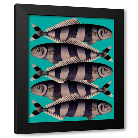 Blue Striped Fish Black Modern Wood Framed Art Print by Fab Funky
