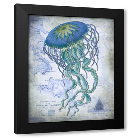 Jellyfish On image of Nautical Map Black Modern Wood Framed Art Print by Fab Funky