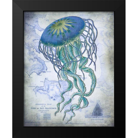 Jellyfish On image of Nautical Map Black Modern Wood Framed Art Print by Fab Funky