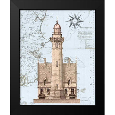 Lighthouse and House on Nautical Map Black Modern Wood Framed Art Print by Fab Funky
