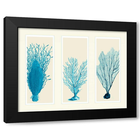 Blue Corals on 3 Panels Black Modern Wood Framed Art Print by Fab Funky