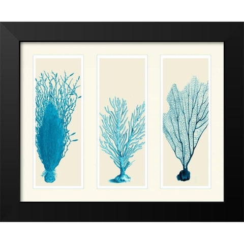 Blue Corals on 3 Panels Black Modern Wood Framed Art Print by Fab Funky