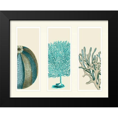 Blue Corals and Sea Urchins in 3 Panels Black Modern Wood Framed Art Print by Fab Funky