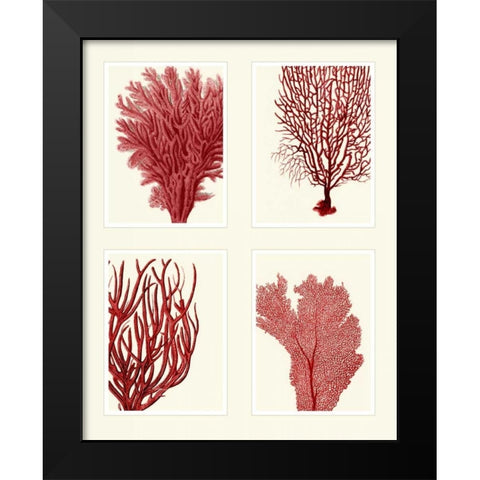 Red Coral Print on 4 Panels Black Modern Wood Framed Art Print by Fab Funky