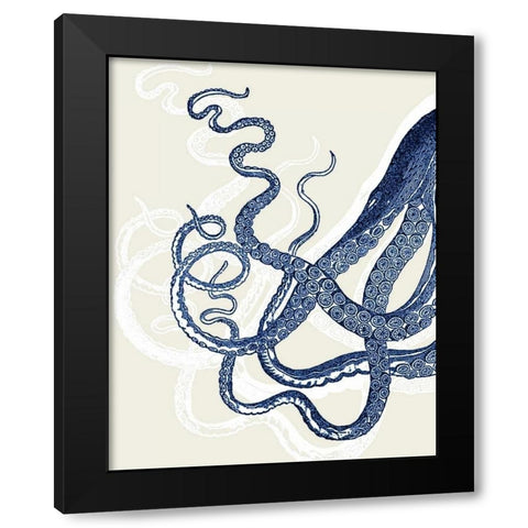 Octopus Print Blue on Cream a Black Modern Wood Framed Art Print with Double Matting by Fab Funky