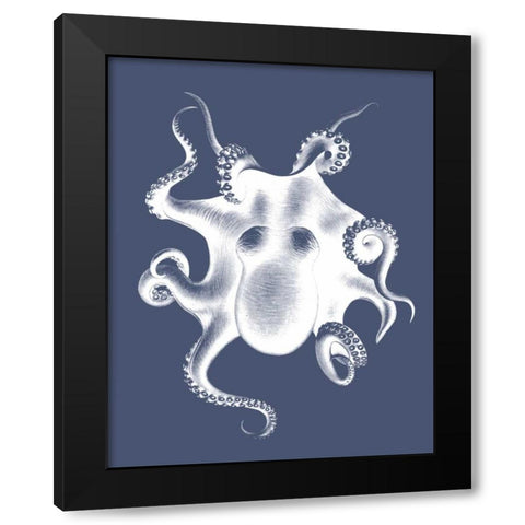 White Octopus on Indigo Blue d Black Modern Wood Framed Art Print with Double Matting by Fab Funky