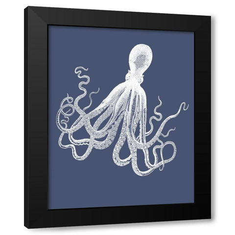 White Octopus on Indigo Blue e Black Modern Wood Framed Art Print with Double Matting by Fab Funky
