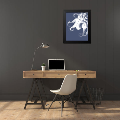 White Octopus on Indigo Blue f Black Modern Wood Framed Art Print by Fab Funky