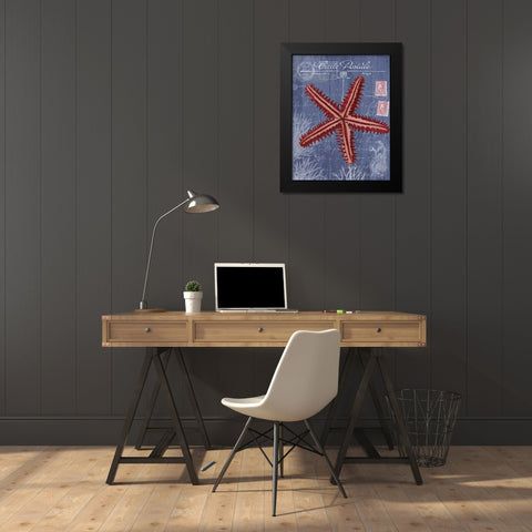 Seaside Postcard Red on Blue a Black Modern Wood Framed Art Print by Fab Funky