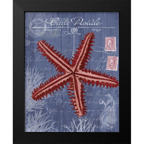 Seaside Postcard Red on Blue a Black Modern Wood Framed Art Print by Fab Funky