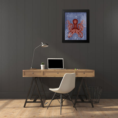 Seaside Postcard Red on Blue c Black Modern Wood Framed Art Print by Fab Funky