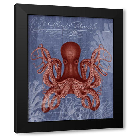 Seaside Postcard Red on Blue c Black Modern Wood Framed Art Print by Fab Funky