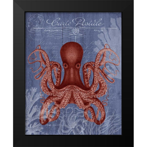 Seaside Postcard Red on Blue c Black Modern Wood Framed Art Print by Fab Funky
