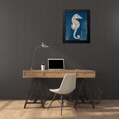 Silver Grey Seahorses on Blue a Black Modern Wood Framed Art Print by Fab Funky