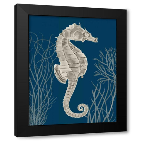Silver Grey Seahorses on Blue a Black Modern Wood Framed Art Print by Fab Funky