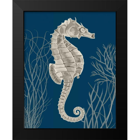 Silver Grey Seahorses on Blue a Black Modern Wood Framed Art Print by Fab Funky