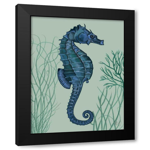 Blue Seahorses on Light Green Sage a Black Modern Wood Framed Art Print by Fab Funky
