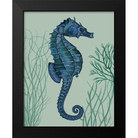 Blue Seahorses on Light Green Sage a Black Modern Wood Framed Art Print by Fab Funky