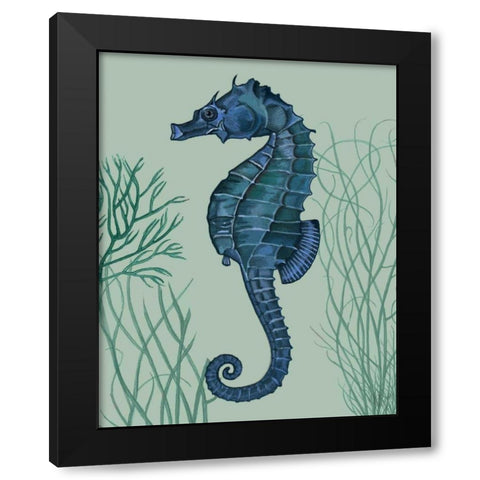 Blue Seahorses on Light Green Sage b Black Modern Wood Framed Art Print with Double Matting by Fab Funky
